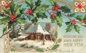 Postal de colección Deseándote un Feliz Año Nuevo en relieve Holly Berries - Imagen 1 de 2