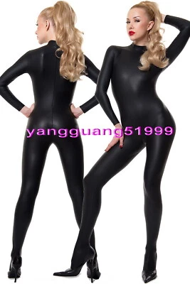 Black Shiny Metallic Women Men Jumpsuits Bodysuit Catsuit Costume Unisex F290 - Image 1 of 4
