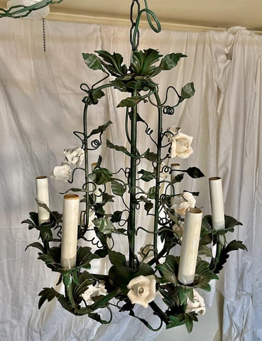 Vintage Italian Tole 6 Arm Chandelier with Ceramic Roses Cover