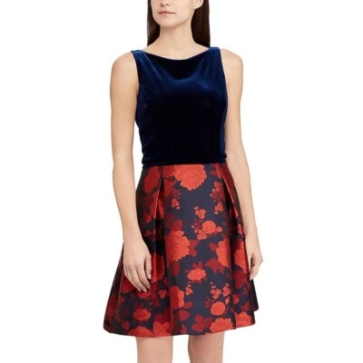 New Chaps Floral Velvet Fit & Flare Blue Red Jacquard Dress Size 12 Party Dance - Image 1 of 4