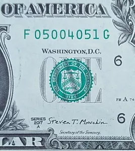 2017 A $1 bill fancy serial, birthday date note May 04, 1951. 05004051 - Picture 1 of 3