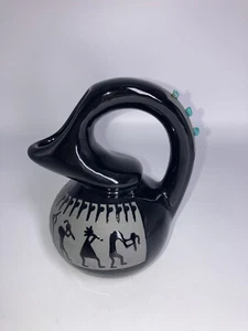Maria Adelicia Pottery Jug Kokopelli Black With Turquoise Beautiful Signed - Picture 1 of 16