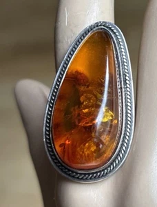 Nice Vintage Large Baltic Amber Sterling Silver Modern Ring Size 8 - Picture 1 of 14