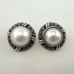 Sterling Silver Marcasite & Faux Pearl Earrings Post Pierced Marsala Mfg Co - Picture 1 of 6
