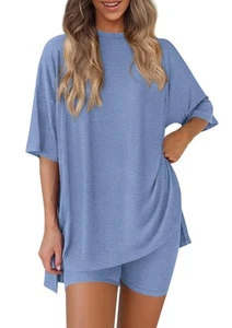 Women's Two Piece Lounge Set 2025 Summer Casual Oversized Shirts Biker Shorts... - Picture 1 of 6