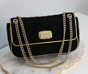 Bolso de Hombro Michael Kors Negro Acolchado Terciopelo Correa de Cadena Dorada Cartera Clásica - Imagen 1 de 12