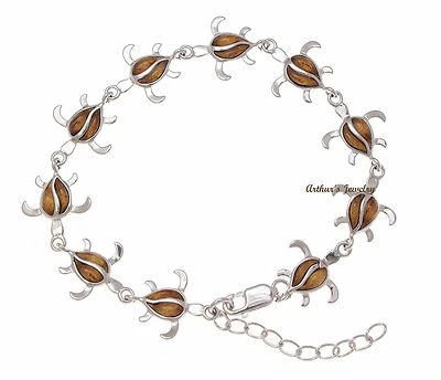 PULSERA DE ESLABONES DE TORTUGA HONU MADERA KOA HAWAIANA CON INCRUSTACIONES GENUINAS PLATA 925 7 1/8" + Foto 1 de 4