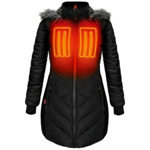ActionHeat 5V Battery Heated Long Puffer Hooded Fur Trimmed Jacket Coat Sz M NEW - Picture 1 of 7