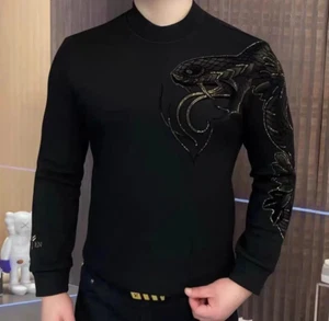 New Men Luxury Diamond Snake Rhinestones Fashion Black Pullover High Quality - Picture 1 of 5
