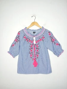 NEW J. Crew 2XS Emroidered Smocked Top Cotton Poplin Stripe AR964 - Picture 1 of 8