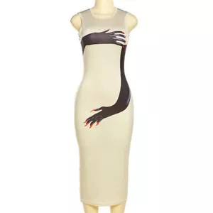 Women Concise Print Street Sexy Sleeveless O-Neck Party Bodycon Midi Dress #S3 - Picture 1 of 10