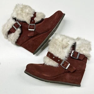 Cat Boisterous Ankle Boots Wedge Heel Brandy Suede Faux Fur Lined Womens Size 10 - Picture 1 of 8