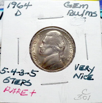 1964-D JEFFERSON NICKEL, GEM BU/MS, 5-4-3-5 STEPS RARE+, NICE+, STRONG X, C301 - Image 1 of 2