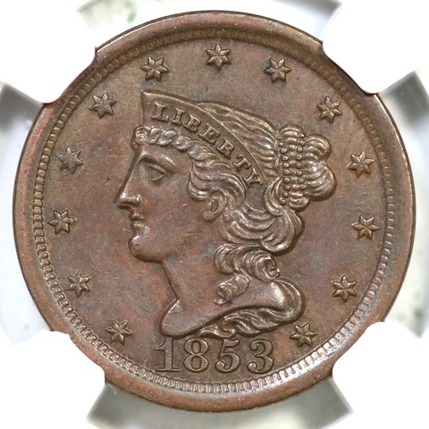 1853 C-1 NGC UNC Details Braided Hair Half Cent Coin 1/2c Cover