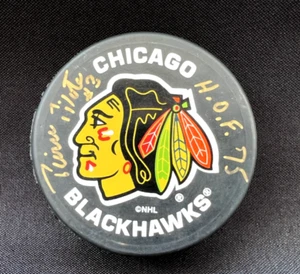 Pierre Pilote Signed Hockey Puck w/HOF 75 PSA - Picture 1 of 3