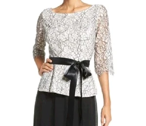 Eliza J Peplum Lace Black White 3/4 Sleeve Blouse Party Holiday Cocktail Size 16 - Picture 1 of 13