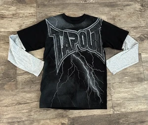 Tapout Storm Black Layered Long Sleeve All Over Print Y2K Youth Large Faded - Picture 1 of 5