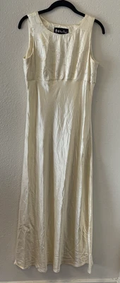 Vintage 90's All That Jazz Maxi Dress Ivory Embroidered Floral Satiny Sleeveless - Image 1 of 4