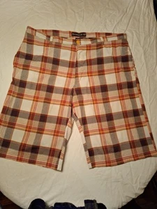 Brooklyn XP Orange Brown Plaid Big Men's Size 46 Shorts Retro Old School - Picture 1 of 8