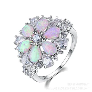 Wedding Flower Shaped Fire Opal White Topaz Gems Silver Woman Ring US Size 6-10 - Picture 1 of 2