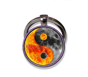 Yin Yang Sun and Moon - Handmade ROUND Glass Pendant Keychain KEY RING - Picture 1 of 7