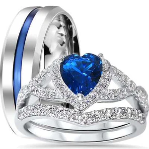 His and Her 3 Piece TRIO Wedding Engagement Ring Set Blue Heart Silver Steel - Picture 1 of 5