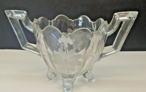 Vintage Heavy Clear Glass Etched Floral Double Handled Sugar Bowl - Picture 1 of 7