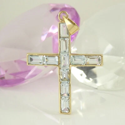 Toller Anhänger Kreuz 585 Gelbgold 14K mit 10 Aquamarin Edelsteinen ca 7,00 ct - Bild 1 von 4