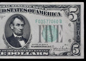 High Grade $5 1934D Federal Reserve Note F03577060B low print series D, Atlanta - Picture 1 of 3