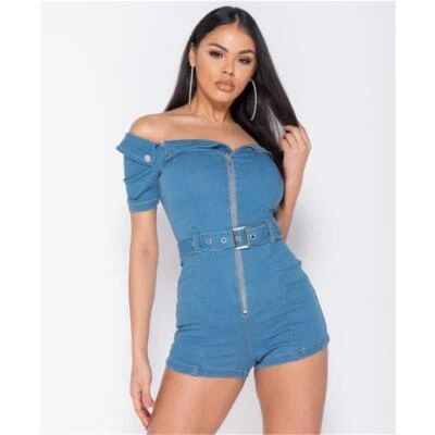 Kurzer Damen Hotpants Stretch Jeans Overall mit Zipper Blau #OV504 - Bild 1 von 4