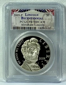 2009-P $1 LINCOLN BICENTENNIAL PROOF SILVER DOLLAR PCGS PR70 DCAM BUNTING LABEL - Picture 1 of 6