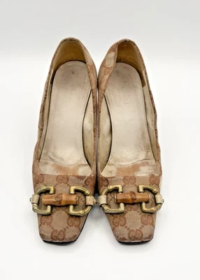 Gucci Canvas Monogram Square Toe Heels w/ Bamboo Horse Bit Accent Sz EU 36C 6 - Image 1 of 4
