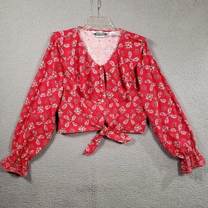 Western Bluse mit Bindeband vorne Damen L rot Ballonärmel Perlen Druckknopf Rodeo Country - Bild 1 von 17