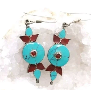 925 Inlaid Turquoise & Red Coral Drop Earrings 5.82 Grams - Picture 1 of 6