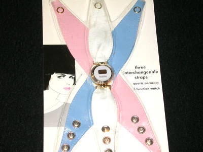 Vtg Nelsonic Fashion Mix 'N Match Wrist Watch Blue White Pink NOS NIP 1980's - Image 1 of 4