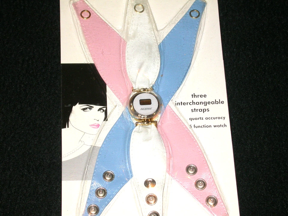 Vtg Nelsonic Fashion Mix 'N Match Wrist Watch Blue White Pink NOS 1980's