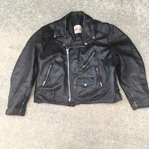 Black leather motorcycle jacket - Harley Davidson patch - 70s size 48 insulated - Picture 1 of 10