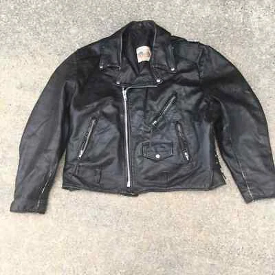 Black leather motorcycle jacket - Harley Davidson patch - 70s size 48 insulated - Image 1 of 4