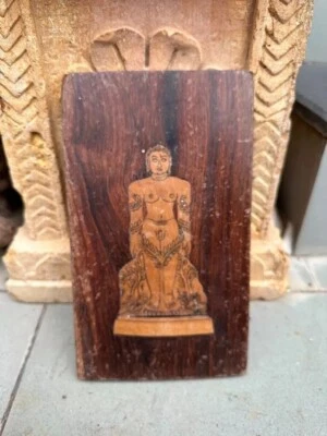 Antigua estatuilla de Buda hecha a mano de madera antigua de 1890 panel colgante de pared Foto 1 de 4