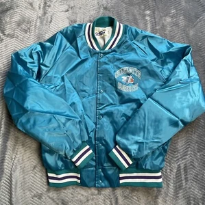 Charlotte Hornets Jacket Large Chalk Line NBA Lined Silky Satin Bomber Teal Vtg - Picture 1 of 9