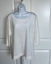EILEEN FISHER White 100% Linen Tunic Top Size Large 3/4 Sleeve Scoop Neck 