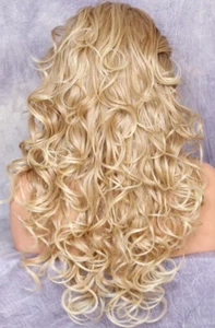 Long Curly Human Hair Blend Full Wig Heat OK Strawberry blonde mix 27-613 WBT - Picture 1 of 5