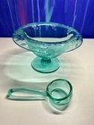 Depression Glass Elegant Era Uranium Vaseline Mayonnaise Bowl Ladle Teal Etched