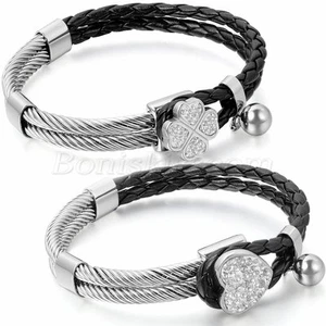 Bracciale Donna Acciaio Inox Pelle Charm Cuore Portafortuna Quadrifoglio Braccialetto - Foto 1 di 11
