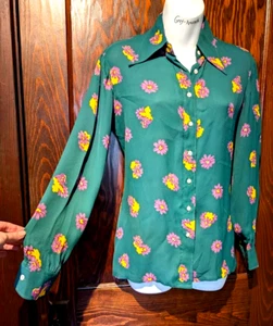 CACHAREL FRANCE vintage 70s 80s green floral disco button down blouse shirt 8 4C - Picture 1 of 11