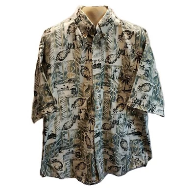 Camisa EMISIÓN NATURAL Hombre Mediana Blanca Verde Negra Tropical Estilo Campamento Abotonada Foto 1 de 4