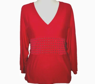 Suéter Top Tejido Rojo Yuka Paris T1 Para Mujer Cuello en V Ala de Murciélago Manga 3/4 Años 90 De Colección Foto 1 de 4