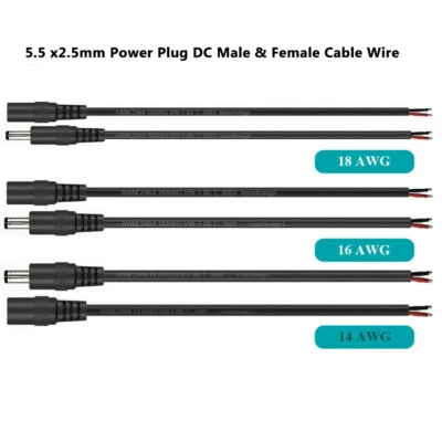 14AWG 16 18AWG DC Power Male Female 5.5x2.5mm Connector Cable Pigtail Plug Wire - Image 1 of 4