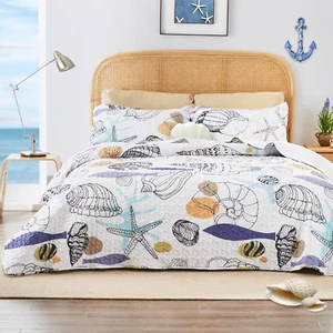 King Size Quilt Bedding Set Conch White Bedspreads - Summer Beach Nautical Quilt - Picture 1 of 12