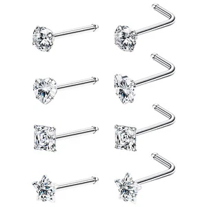 8Pcs 20G Stainless Steel CZ L-Shaped Bone Screw Nose Rings Nose Piercing Studs - Picture 1 of 6